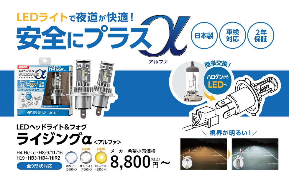 日本製ledヘッドライト ライジングアルファ 2倍の明るさで夜道が快適 Hidキット Ledヘッドライト販売のスフィアライト